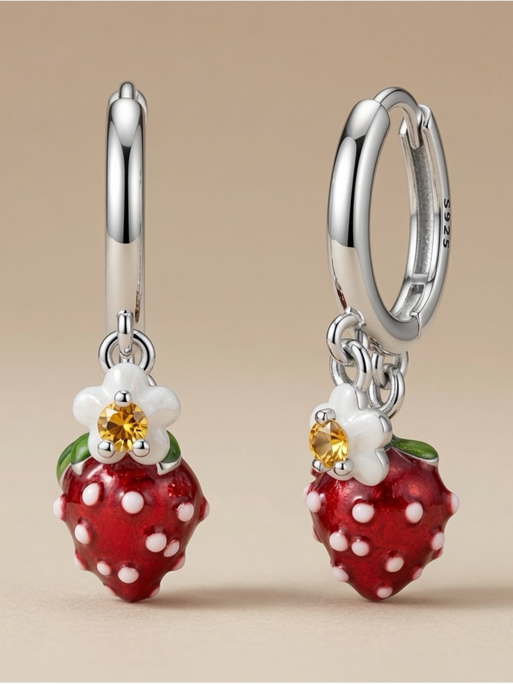 Sterling Silver Red Strawberry Charm Hoop Earrings